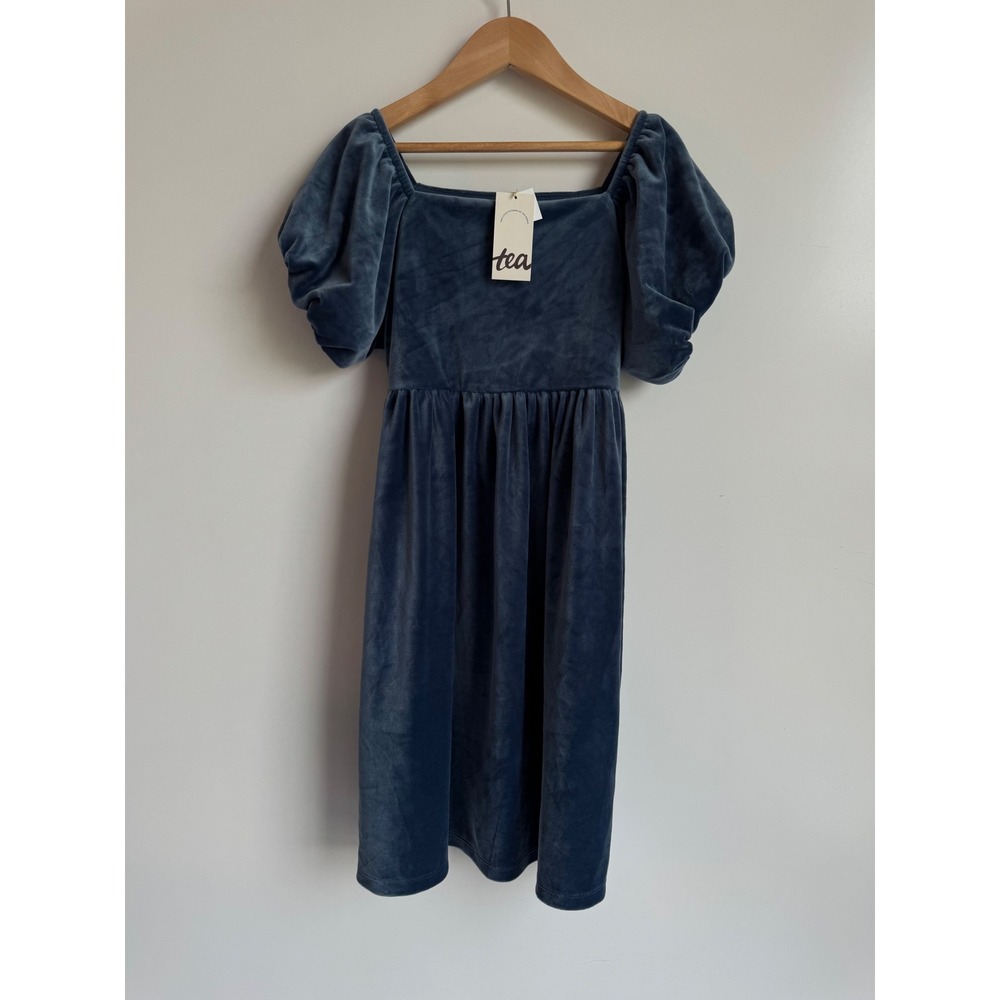 Tea Collection Puff Shoulder Velour Dress Naval Blue Girl 12 NEW PARTY HOLIDAY